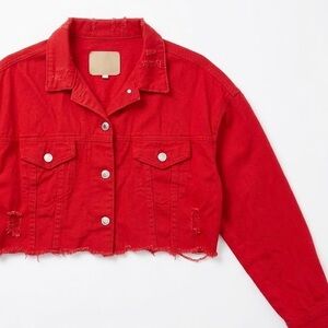 SHEIN True Red Cropped Distressed Raw Hem Denim Jean Trucker Jacket M Edgy Coat